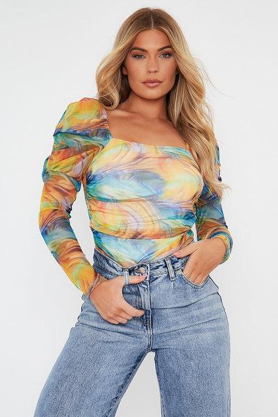 Multi Rainbow Puff Sleeve Bodysuit - Deana