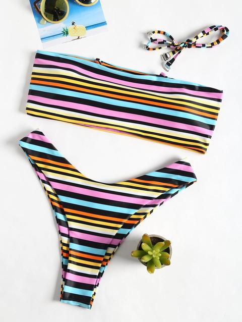 Bikini A Fascia Con Taglio Alto A Strisce Arcobaleno Stripe