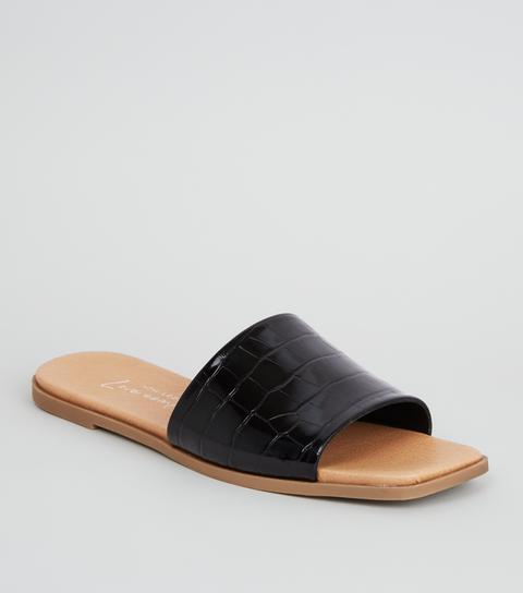 Faux Croc Square Toe Sliders New Look Vegan