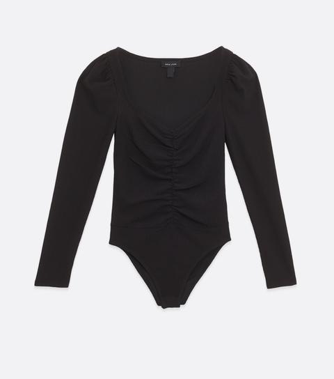 Black Ruched Textured Bodysuit New Look