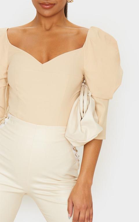 Sand Woven Puff Sleeve Bodysuit