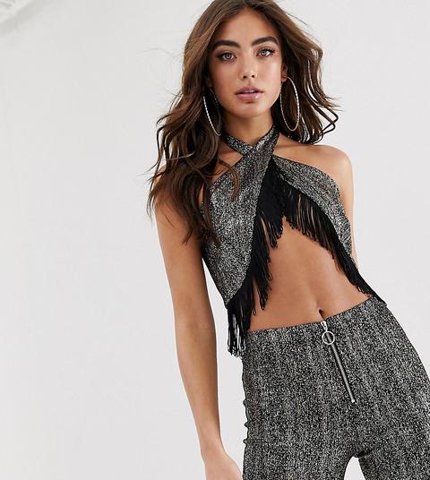 Top Halter Metalizado Con Flecos De House Of Stars (parte De Un Conjunto)-negro