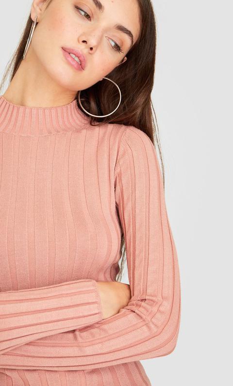 Pullover A Costine Con Collo Semi Alto E Maniche Lunghe Rosa Cipria