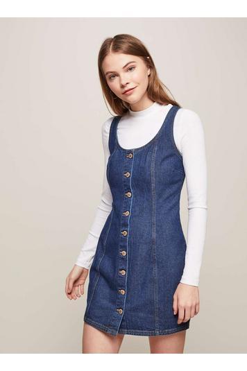 Womens Petite Blue Buttoned Pinafore Dress, Pale Blue