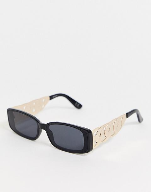 Asos Design Rectangle Sunglasses In Black Plastic With Gold Chain Arm Detail