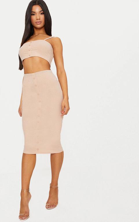 Stone Rib Button Detail Midi Skirt, White