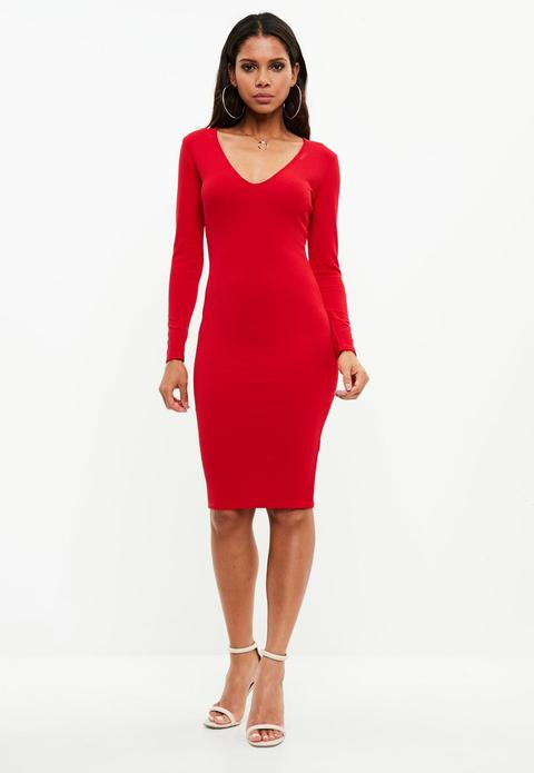 Vestido Midi Con Escote En V De Crepé En Rojo