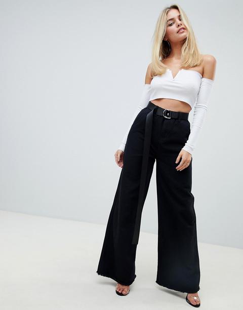 Prettylittlething - Jeans Neri Con Fondo A Ampio - Nero