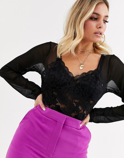 Missguided - Body En Tulle À Manches Longues - Noir