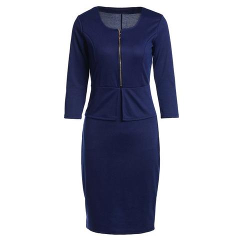 Ol Style U Neck 3/4 Sleeve Solid Color Faux Twinset Women's Dress - Blue - Xl