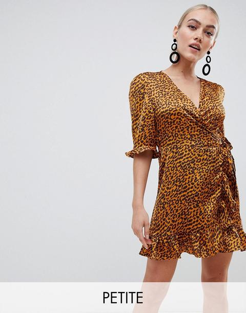 Boohoo Petite - Vestito A Portafoglio In Raso Con Stampa Animalier Multi - Multicolore