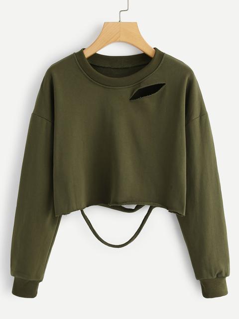Casuale A Tinta Unita Strappato Pullover Verde Militare Felpe