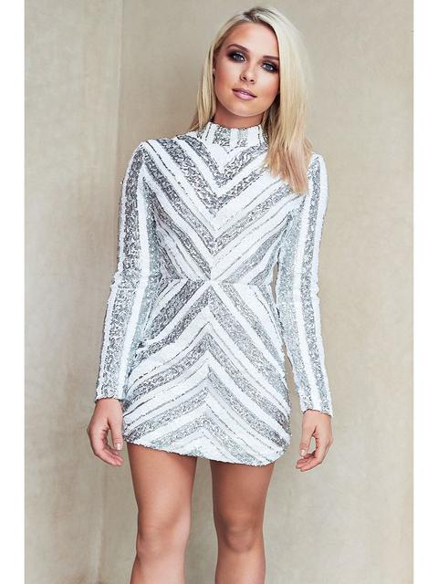 Gabby's White And Silver Long Sleeve Turtle Neck Midi Dress