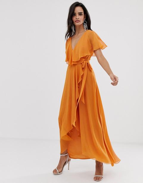 Vestido Largo Con Capa Trasera Y Bajo Asimétrico De Asos Design-naranja