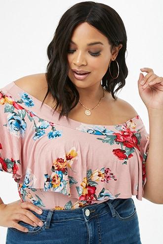 Forever 21 Plus Size Floral Flounce Bodysuit Mauve/multi