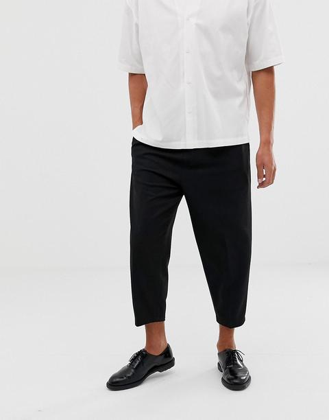 Asos White - Pantaloni Larghi Eleganti Stretti In Fondo Neri In Misto Lana - Nero