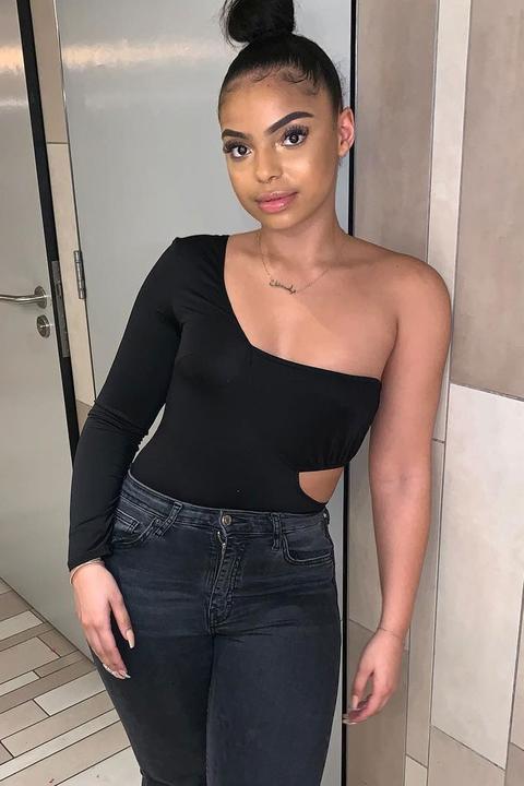 black one shoulder cut out bodysuit