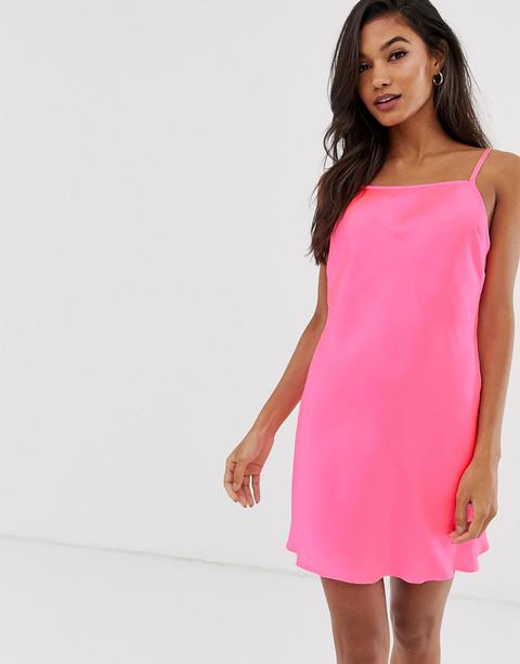 Asos Deisgn Satin Neon Bias Cut Slip Dress-pink