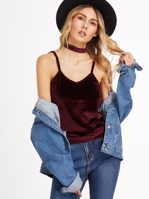 Deep Red Velvet Cami Top With Choker