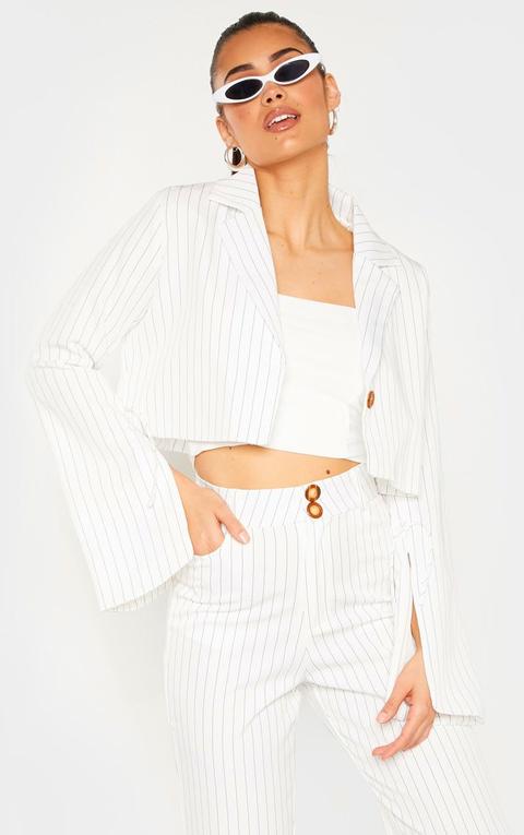 Cream Pinstripe Cropped Blazer, White