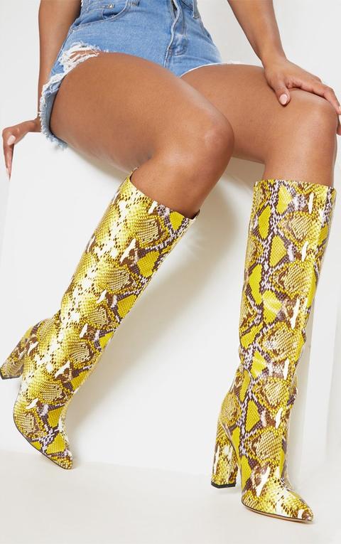 Yelllow Snake Knee High Point Block Heel Boot