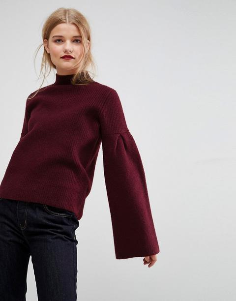 Asos - Maglione A Coste Con Collo Alto E Maniche Svasate - Rosso