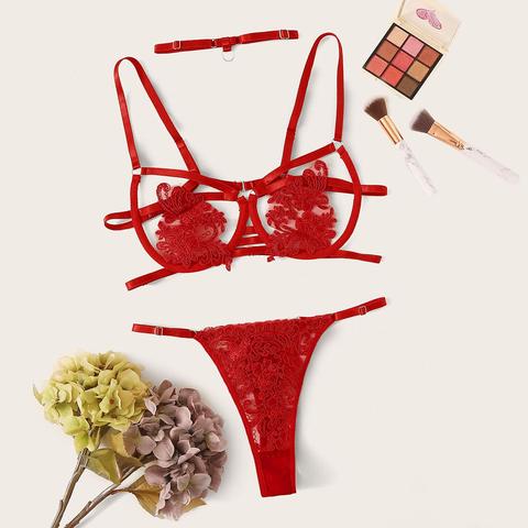 Floral Appliques Underwire Lingerie Set & Choker