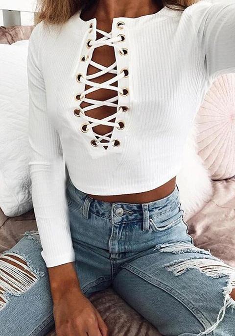 Camicetta Coulisse Midriff Collo Rotondo Maniche Lunghe Casuale Bianco