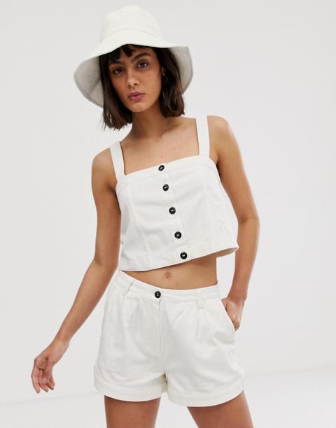 Weekday - Top Corto Bianco Sporco Con Bottoni In Coordinato - Crema