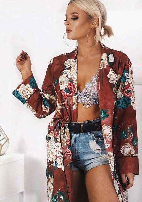 Piper Mocha Floral Longline Kimono Jacket