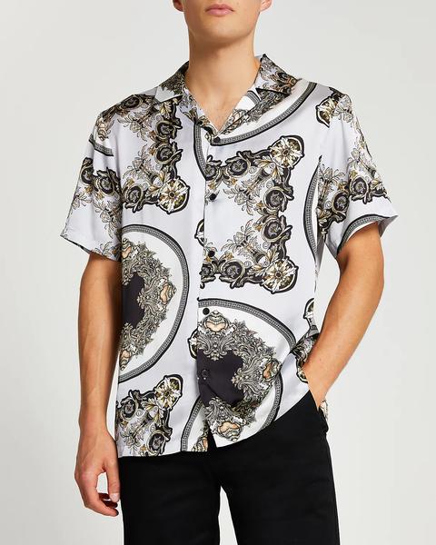 Grey Scarf Print Short Sleeve Revere Shirt