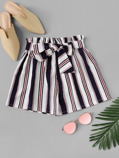 Belted Detail Striped Shorts