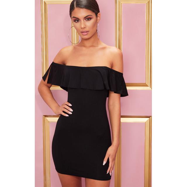 black bardot frill detail bodycon