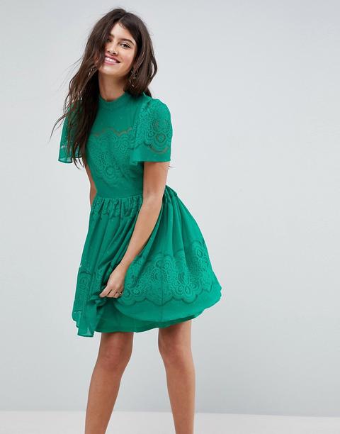 Asos - Vestitino In Pizzo Con Maniche A Sbuffo - Verde