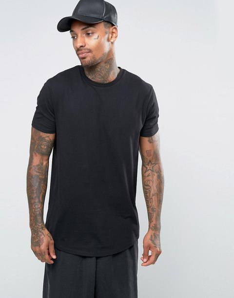 Camiseta Larga Negra Con Bajo Redondeado De Asos-negro