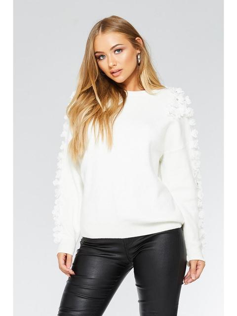 Cream Flower Applique Long Sleeve Jumper