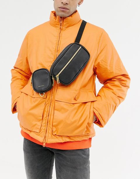 Asos Design Faux Leather Bum Bag In Black With Multi Pockets And Gold Zip Detailing