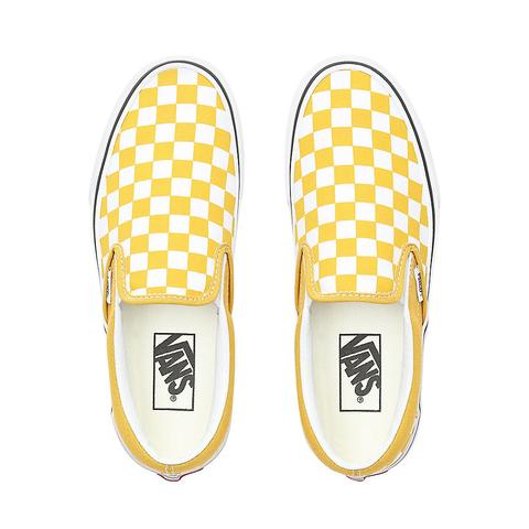 white and yellow checkered vans