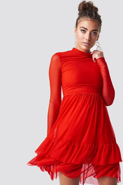 Mesh Frill Dress Red