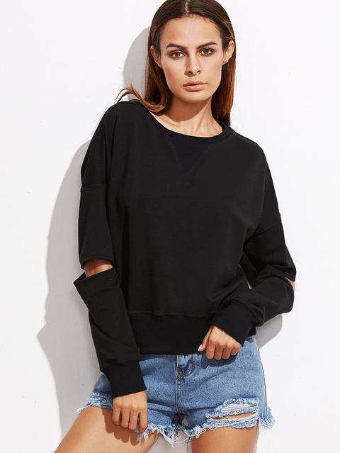 Black Drop Shoulder Open Elbow Sweatshirt