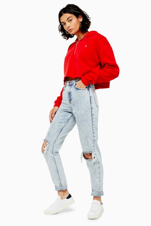 bleach wash double rip mom tapered jeans