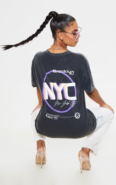 Grey Brooklyn Print Oversized Washed T Shirt