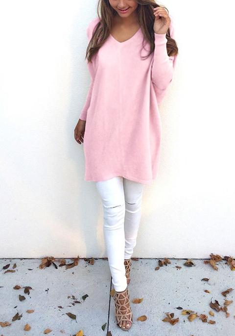Maglione Semplice V-collo Maniche Lunghe Sciolto Rosa