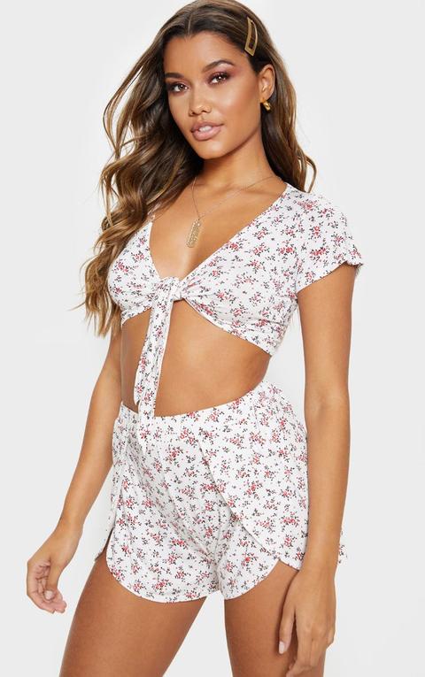 White Ditsy Floral Print Tie Front Short Sleeve Crop Top