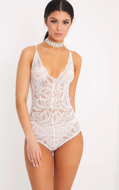 Lucille White Sheer Lace Cross Back Bodysuit, White