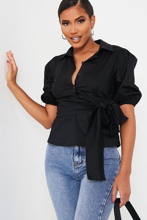 Black Cotton Poplin Tie Waist Shirt , Black