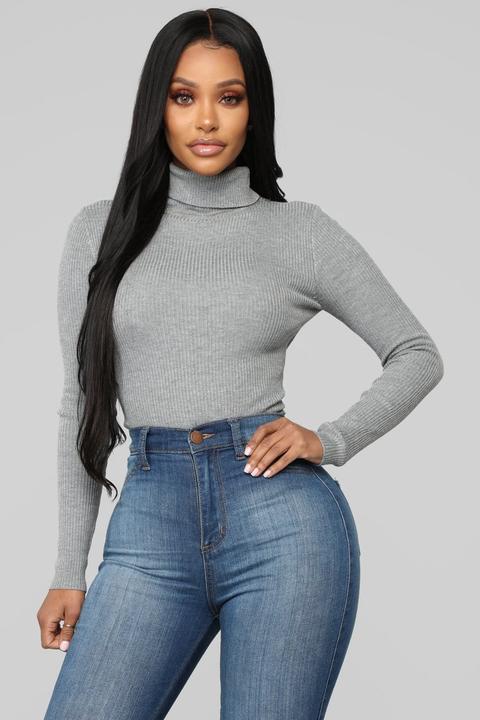 Ribbed Turtleneck Top - Heathergrey