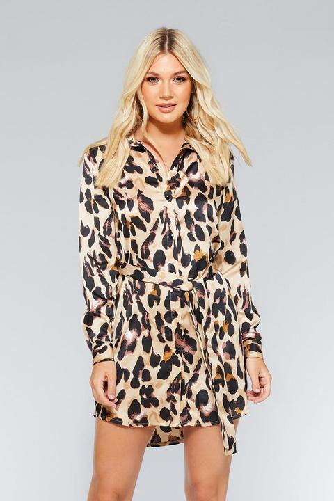 Stone And Black Leopard Print Shirt Dress