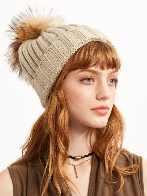 Gorro Con Pompón Desmontable De Canalé Beige