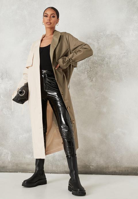 Trench-coat Vert Kaki Colour-block À Fermeture Boutonnée Sur Le Devant Petite